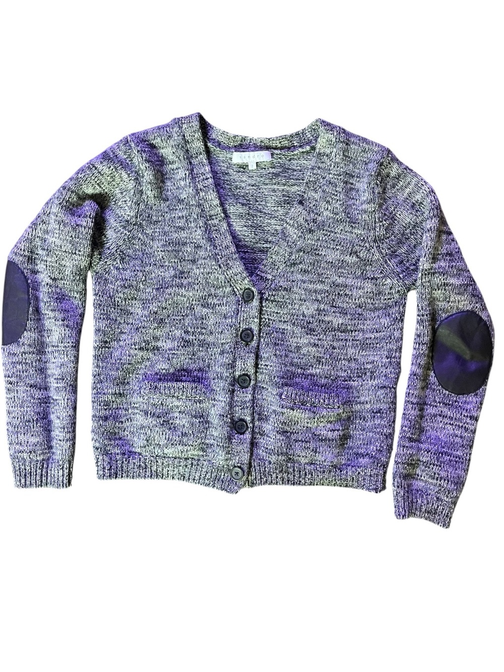 Sandro Gray Marled V-Neck Cardigan with Elbow Patches